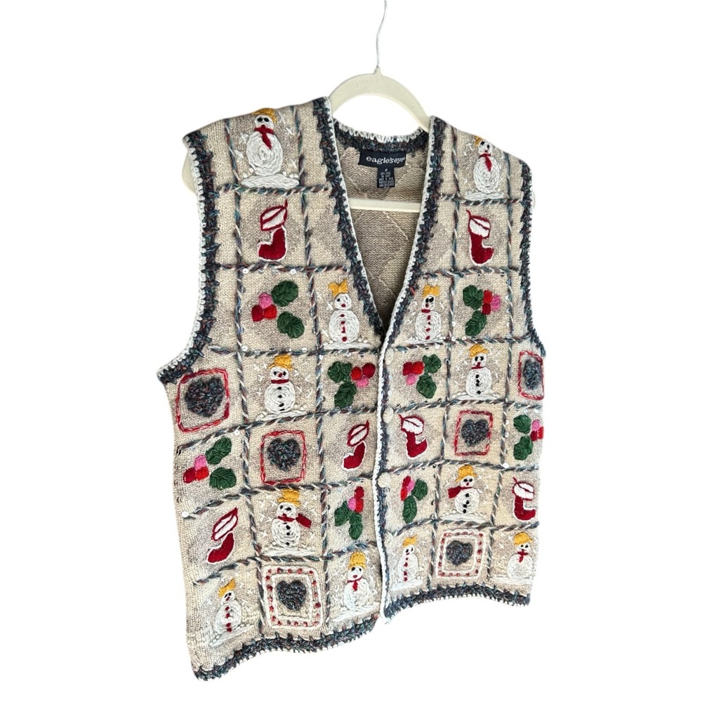 VINTAGE EAGLES EYE Wool Embroidered Sweater Vest Ugly Christmas M - Picture 9 of 9